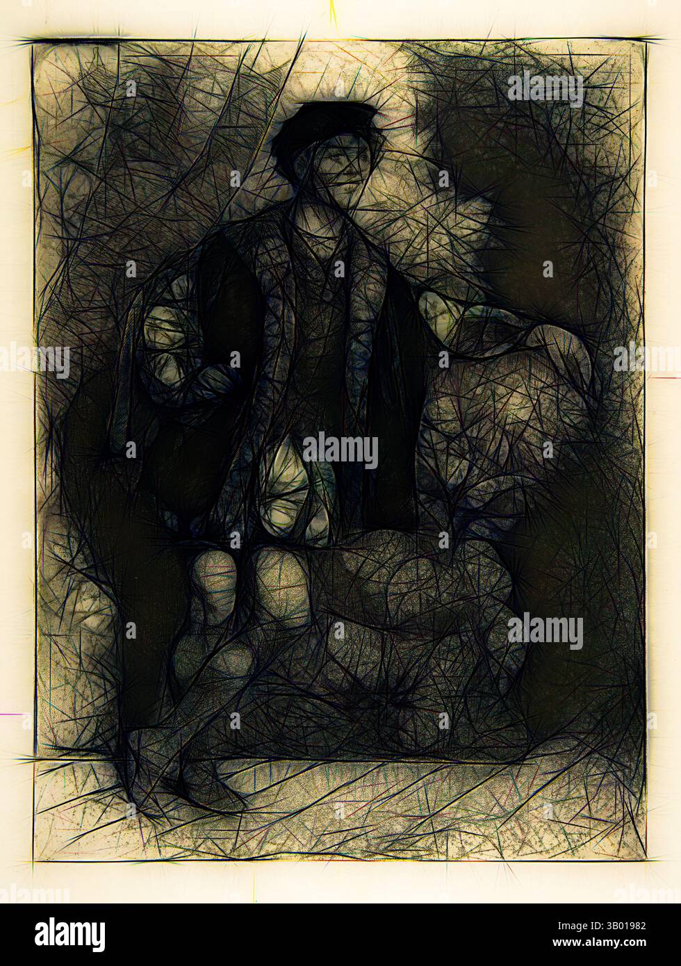 Una rappresentazione artistica stilizzata di una figura in abbigliamento storico, in posizione drammatica con un'espressione di contemplazione, circondata da contorni astratti e vibranti che trasmettono un senso di profondità e movimento. Arte classica con un tocco moderno reinventata da Artotop Foto Stock