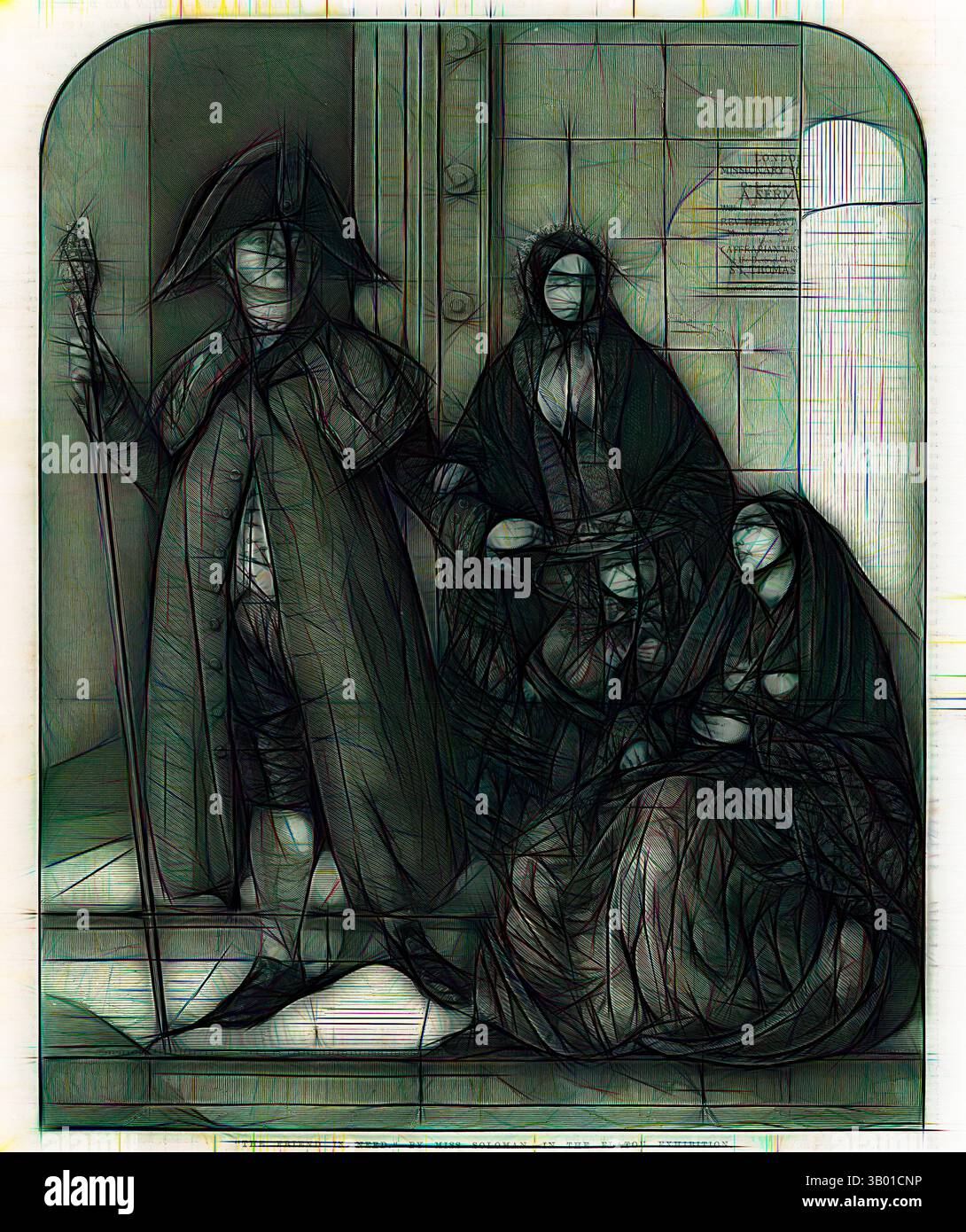 Una figura in un gran cappotto e un cappello bicorne si erge con sicurezza, tenendo in mano un bastone, mentre due donne in mantelli scorrevoli si siedono nelle vicinanze, le loro espressioni avvolte nel mistero. La scena evoca un senso di dramma storico, mescolando eleganza e intrigo. Arte classica con un tocco moderno reinventata da Artotop Foto Stock