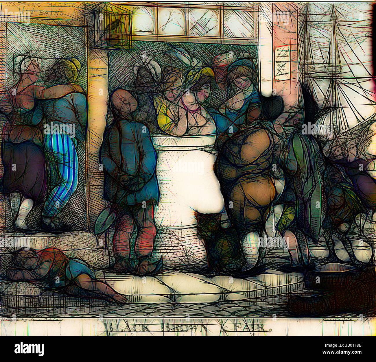 Una vivace scena con un gruppo di figure impegnate in varie attività, con un mix di abiti colorati ed espressioni. La composizione suggerisce un vivace mercato o un incontro, mostrando una miscela di interazioni umane e un gatto che si rilassa nelle vicinanze. Forme e prospettive diverse creano un ambiente dinamico. Arte classica con un tocco moderno reinventata da Artotop Foto Stock