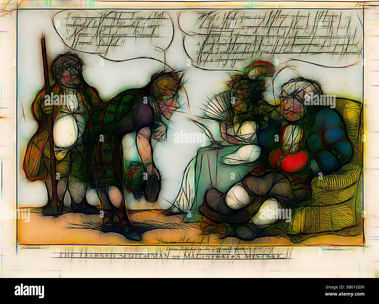 Una scena che raffigura un gruppo di individui impegnati in una conversazione, con un personaggio inginocchiato e che sembra presentare qualcosa, mentre altri osservano con espressioni diverse. L'ambientazione trasmette un senso dell'umorismo o dell'intrigo, evidenziato da caratteristiche esagerate e pose drammatiche. Le bolle di testo suggeriscono il dialogo, aggiungendo contesto all'interazione., arte classica con un tocco moderno reinventata da Artotop Foto Stock