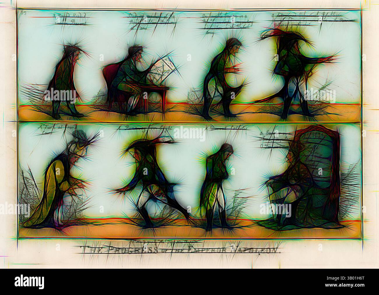 Una serie di figure stilizzate raffigurano una progressione narrativa, mostrando vari personaggi in pose dinamiche. Le scene illustrano temi di contemplazione, azione e trasformazione, combinando elementi surreali con caratteristiche esagerate. La rappresentazione finale culmina in una drammatica situazione di stallo, suggerendo uno scontro di volontà o idee. L'etichettatura del testo e le linee stilizzate esaltano la narrazione visiva. Arte classica con un tocco moderno reinventata da Artotop Foto Stock