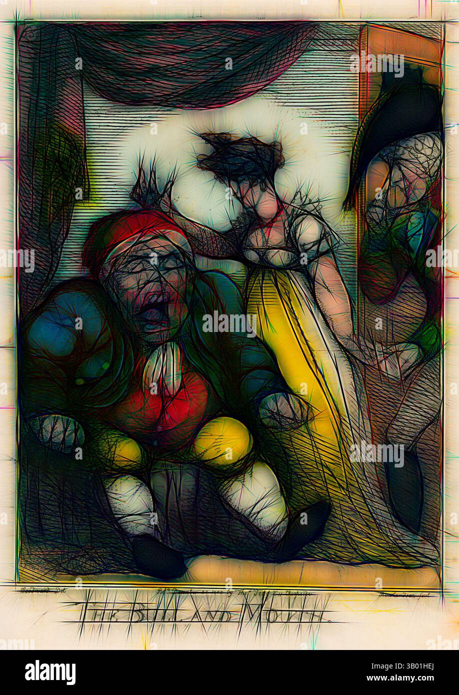 Una rappresentazione stravagante con una figura comicamente esagerata seduta, accanto a un personaggio con un vestito vivace e un altro che osserva lateralmente, il tutto su uno sfondo drammatico. La scena trasmette un mix di umorismo e tensione, dove le espressioni esagerate si aggiungono alla narrazione visiva. Arte classica con un tocco moderno reinventata da Artotop Foto Stock