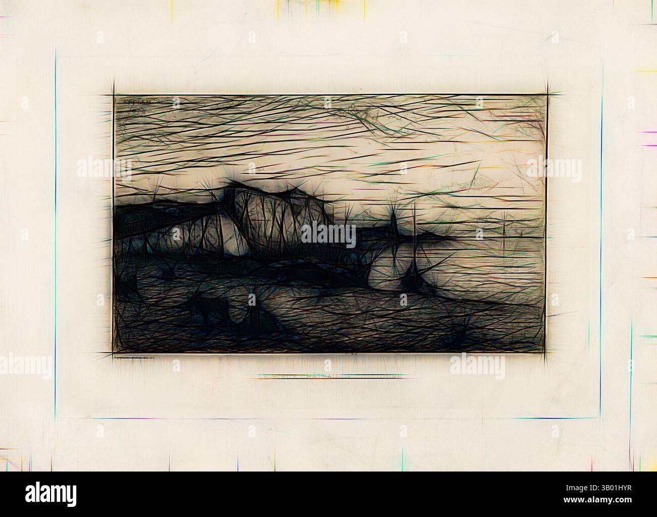 Un paesaggio stilizzato presenta una costa frastagliata con scogliere frastagliate e un cielo tumultuoso, il tutto raffigurato in linee fluide e astratte che evocano un senso di movimento e dramma. Arte classica con un tocco moderno reinventata da Artotop Foto Stock