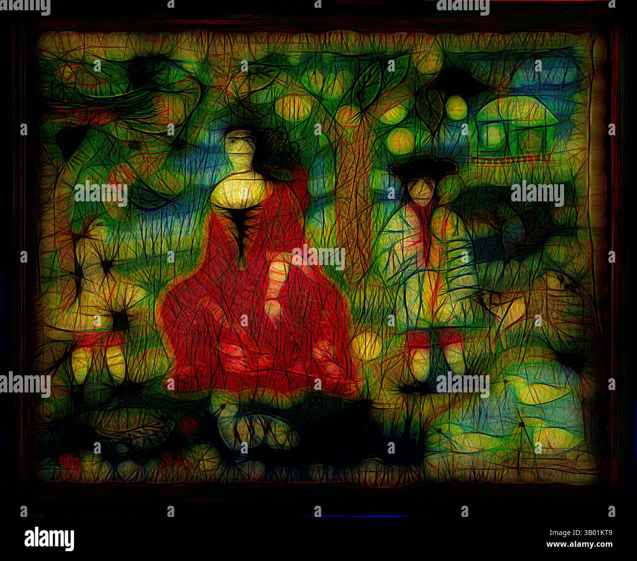 Una scena vivace con una donna in un abito rosso che scorre seduta sotto un albero, con due figure accanto, circondata da un fogliame colorato e una piccola casa sullo sfondo, che evoca un senso di tranquillità e armonia con la natura. Arte classica con un tocco moderno reinventata da Artotop Foto Stock