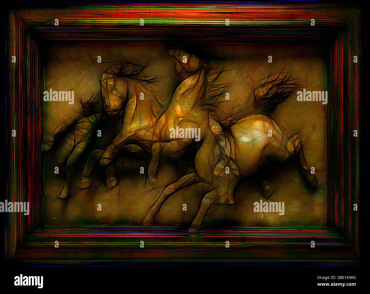Una composizione dinamica con cavalli galoppanti, le loro forme fluide ed energiche, circondate da una cornice riccamente colorata e decorata che esalta il senso di movimento e intensità. Arte classica con un tocco moderno reinventata da Artotop Foto Stock