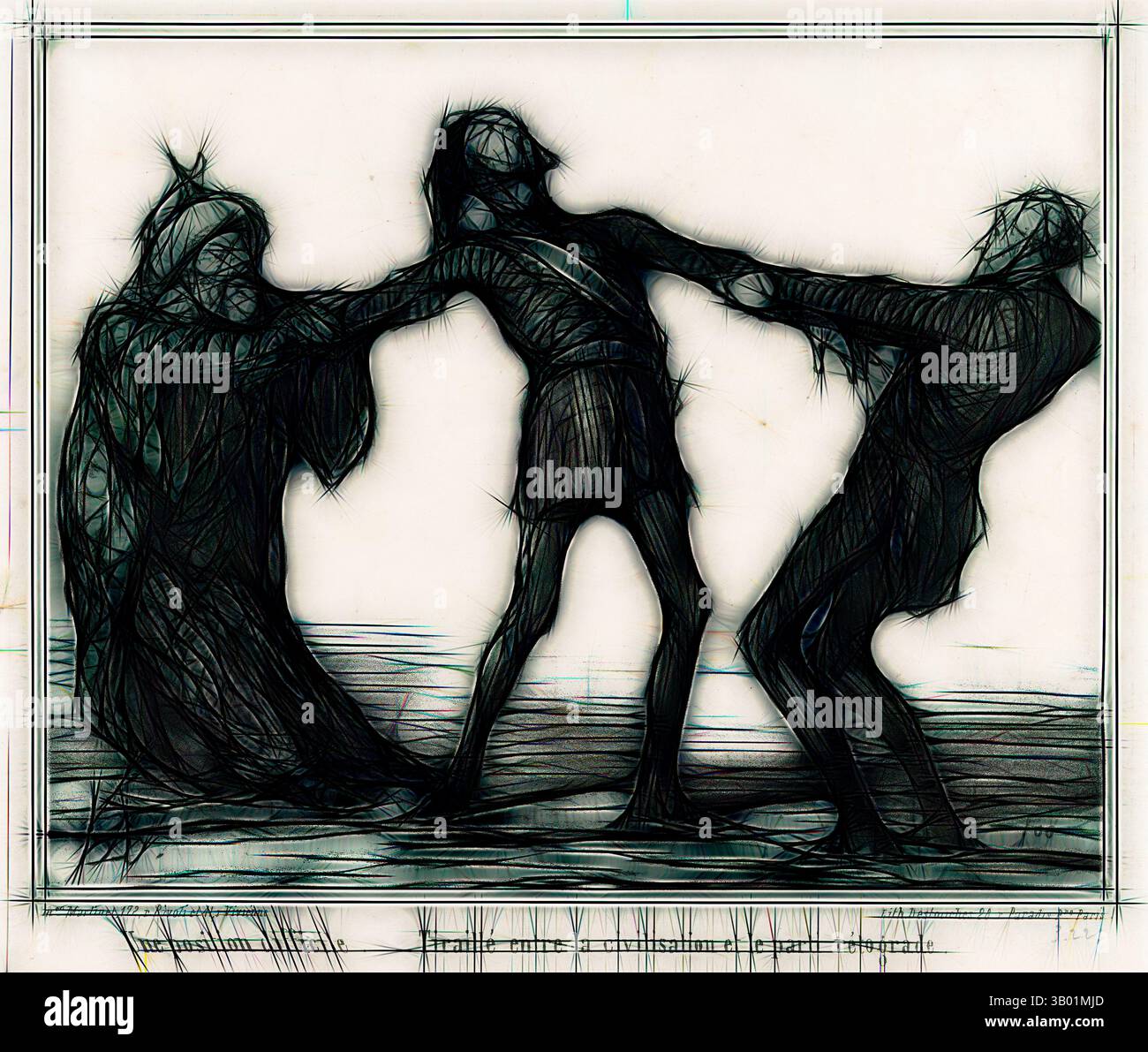 Una rappresentazione drammatica di tre figure in una lotta tesa, che cattura un momento di conflitto e tumulti emotivi, con la figura centrale che appare intrappolata tra le forze avversarie. Le espressioni e le posture trasmettono un senso di disperazione e di lotta. Arte classica con un tocco moderno reinventata da Artotop Foto Stock