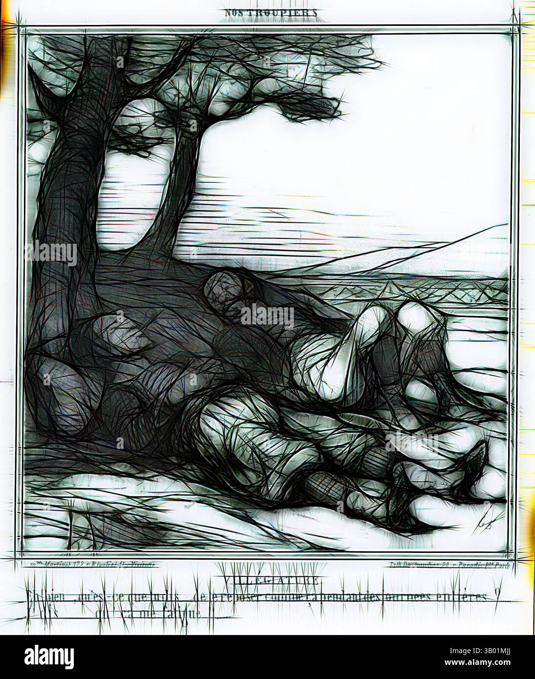 Un gruppo di figure si reclinano sotto un grande albero, i loro corpi si intrecciano in un momento di riposo e tranquillità. Il paesaggio è caratterizzato da dolci colline sullo sfondo, mentre l'area ombreggiata offre rifugio dal sole. La scena trasmette un senso di pace e cameratismo tra le figure. Arte classica con un tocco moderno reinventata da Artotop Foto Stock