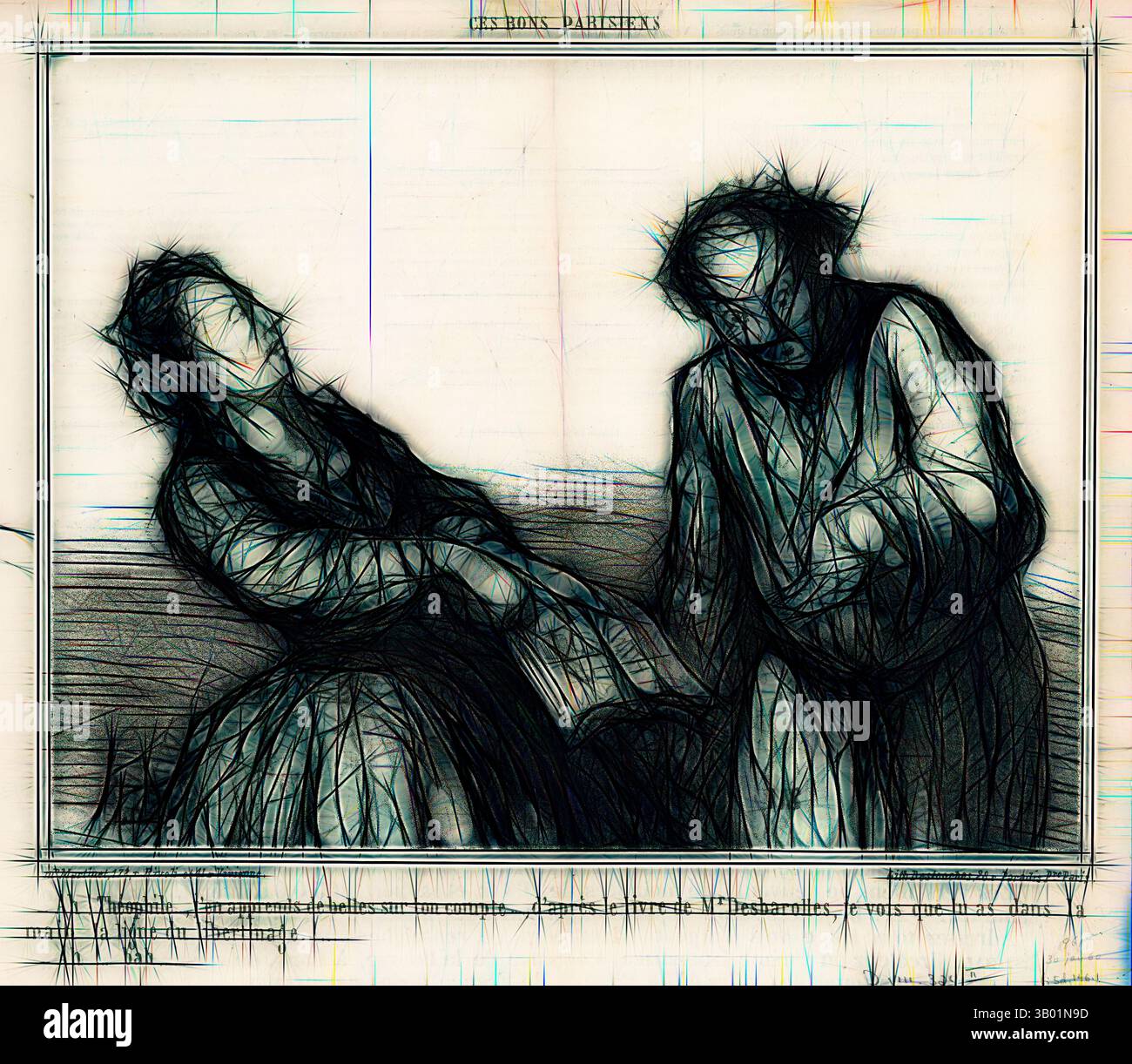 Una rappresentazione drammatica di due figure, una apparentemente in difficoltà, che trasmettono un potente senso di emozione e tensione attraverso le loro posture espressive e le linee frammentate., arte classica con un tocco moderno reinventata da Artotop Foto Stock