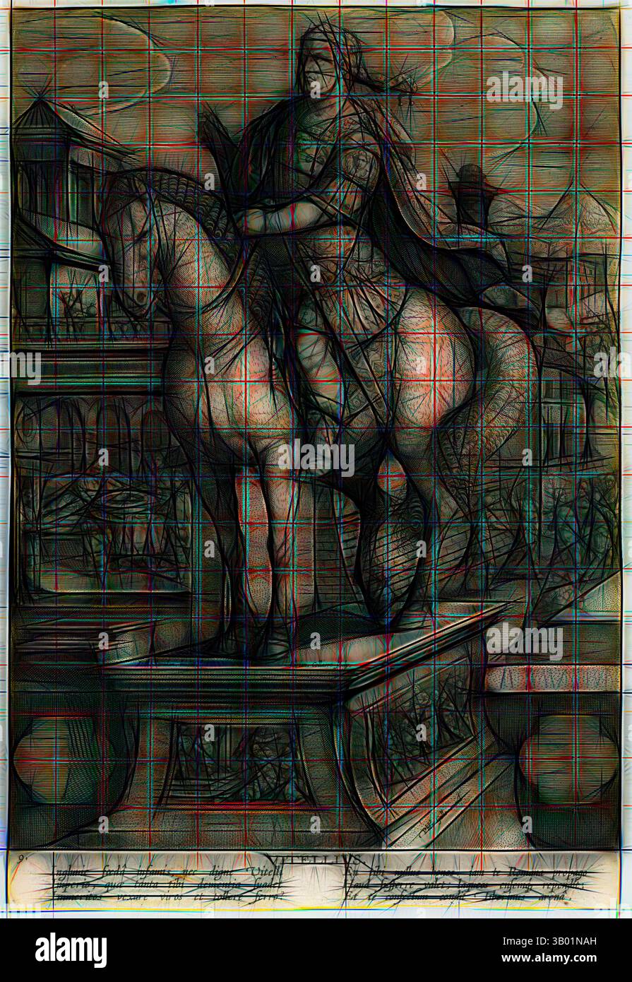 Una figura maestosa a cavallo si erge tranquillamente in cima a un dettagliato piedistallo, circondato da un intricato scenario architettonico ed elementi artistici, evocando un senso di storia e grandezza. Arte classica con un tocco moderno reinventata da Artotop Foto Stock
