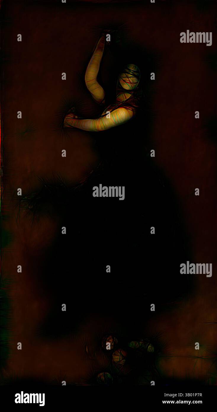 Una figura in un abito che scorre colpisce una posa espressiva, circondata da uno sfondo astratto e misterioso. La scena evoca un senso di dramma ed emozione, mescolando movimento e un'aria di incanto. Arte classica con un tocco moderno reinventata da Artotop Foto Stock