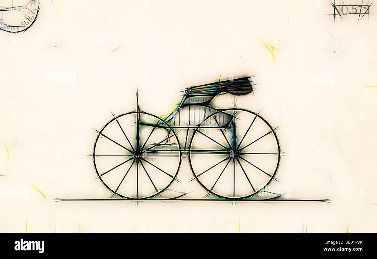 Una rappresentazione stilizzata di una bicicletta, caratterizzata da lavori di linea complessi e forme geometriche, trasmette un senso di movimento e design. Arte classica con un tocco moderno reinventata da Artotop Foto Stock