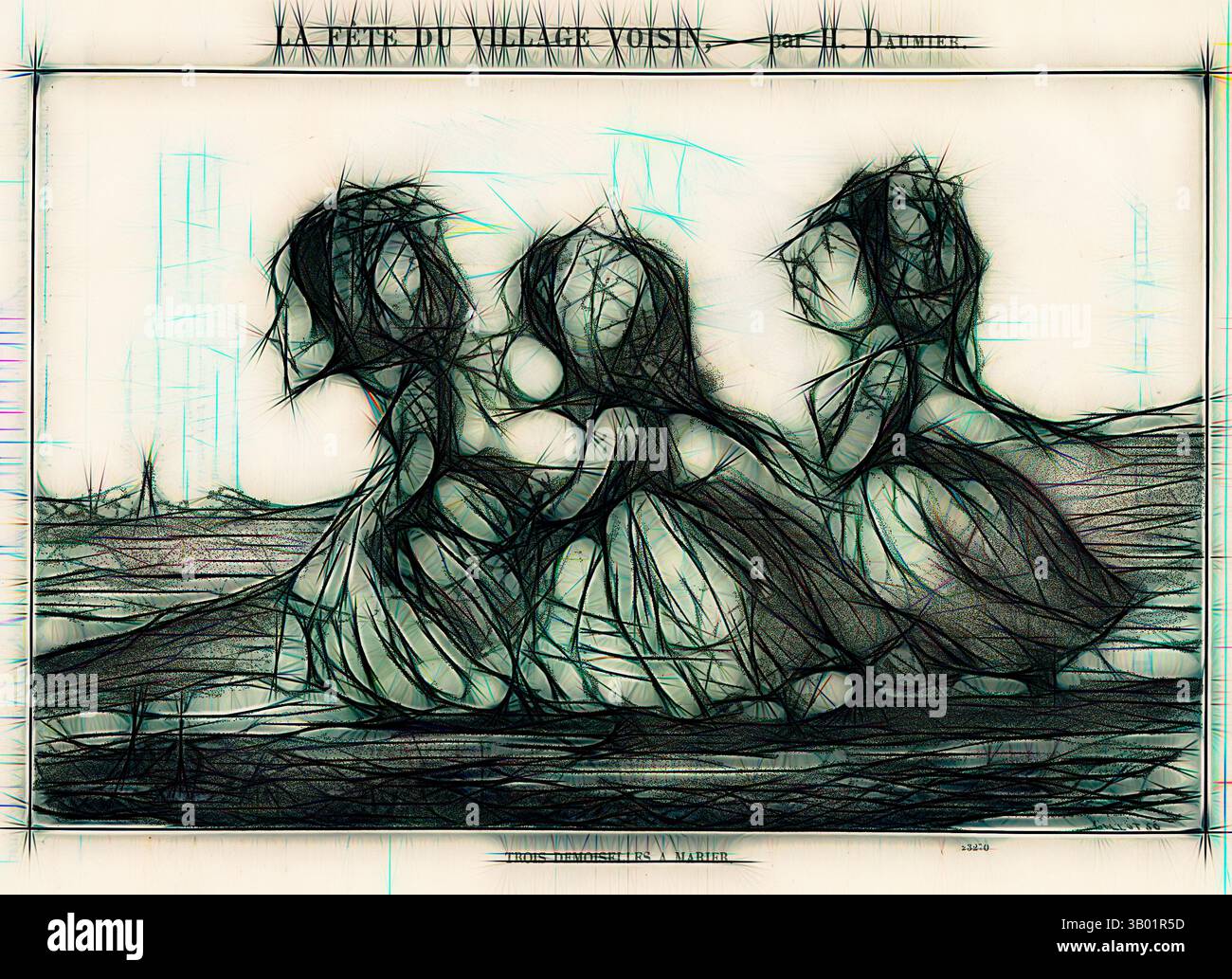 Tre figure astratte si siedono insieme, le loro forme allungate e gli abiti fluenti creano un senso di movimento e intimità. L'interazione di linee e forme aggiunge una qualità dinamica, evocando un'atmosfera da sogno intorno alle loro espressioni attenuate. Arte classica con un tocco moderno reinventata da Artotop Foto Stock