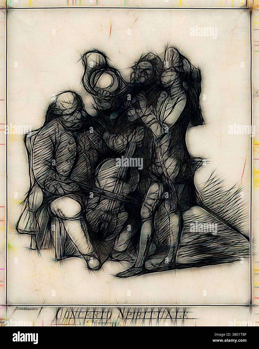 Una rappresentazione stilizzata di un gruppo di musicisti impegnati con passione nella loro arte, con uno che suona un violoncello e gli altri che contribuiscono con vari strumenti e gesti, creando un'atmosfera di sinergia musicale ed emozione., arte classica con un tocco moderno reinventata da Artotop Foto Stock