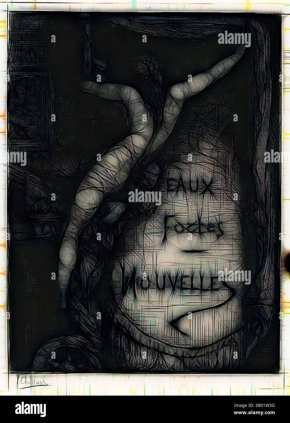 Una figura si posa graziosamente tra linee vorticose e forme astratte, con la frase "FAUX PAYS VOYELLES" in primo piano, creando un intrigante mix di movimento ed espressione artistica. Arte classica con un tocco moderno reinventata da Artotop Foto Stock