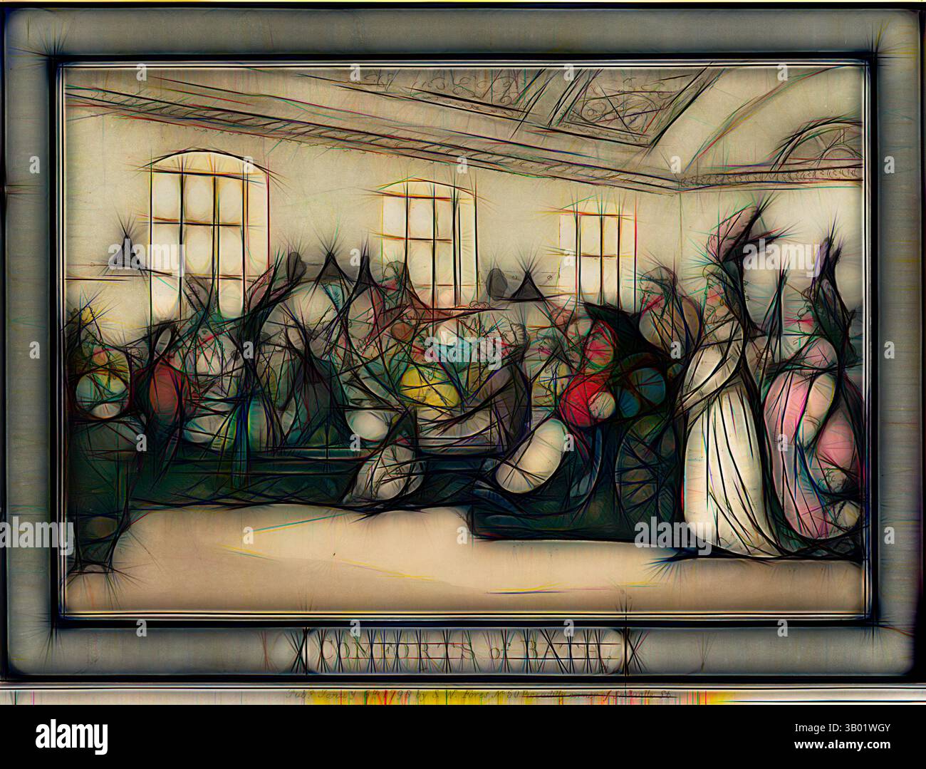 Una sala affollata piena di figure astratte, impegnata in conversazione e attività, circondata da linee artistiche e colori vivaci che suggeriscono movimento ed emozione. Arte classica con un tocco moderno reinventata da Artotop Foto Stock