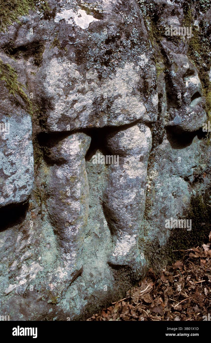 Robin of Risingham o Rob of Risingham è un'occupazione romana delle sculture rupestri del Regno Unito situate tra Ridsdale e West Woodburn, e circa ½ miglio a sud-est di Habitancum Roman Fort. La scultura di una figura che tiene in mano un arco e un piccolo animale (probabilmente una lepre) fu registrata per la prima volta nel XVIII secolo. Si pensa che la figura sia una rappresentazione della divinità romana Silvano, dio del bosco, nelle vesti del dio celtico Cocidio. Northumberland Inghilterra Regno Unito HOMER SYKES Foto Stock