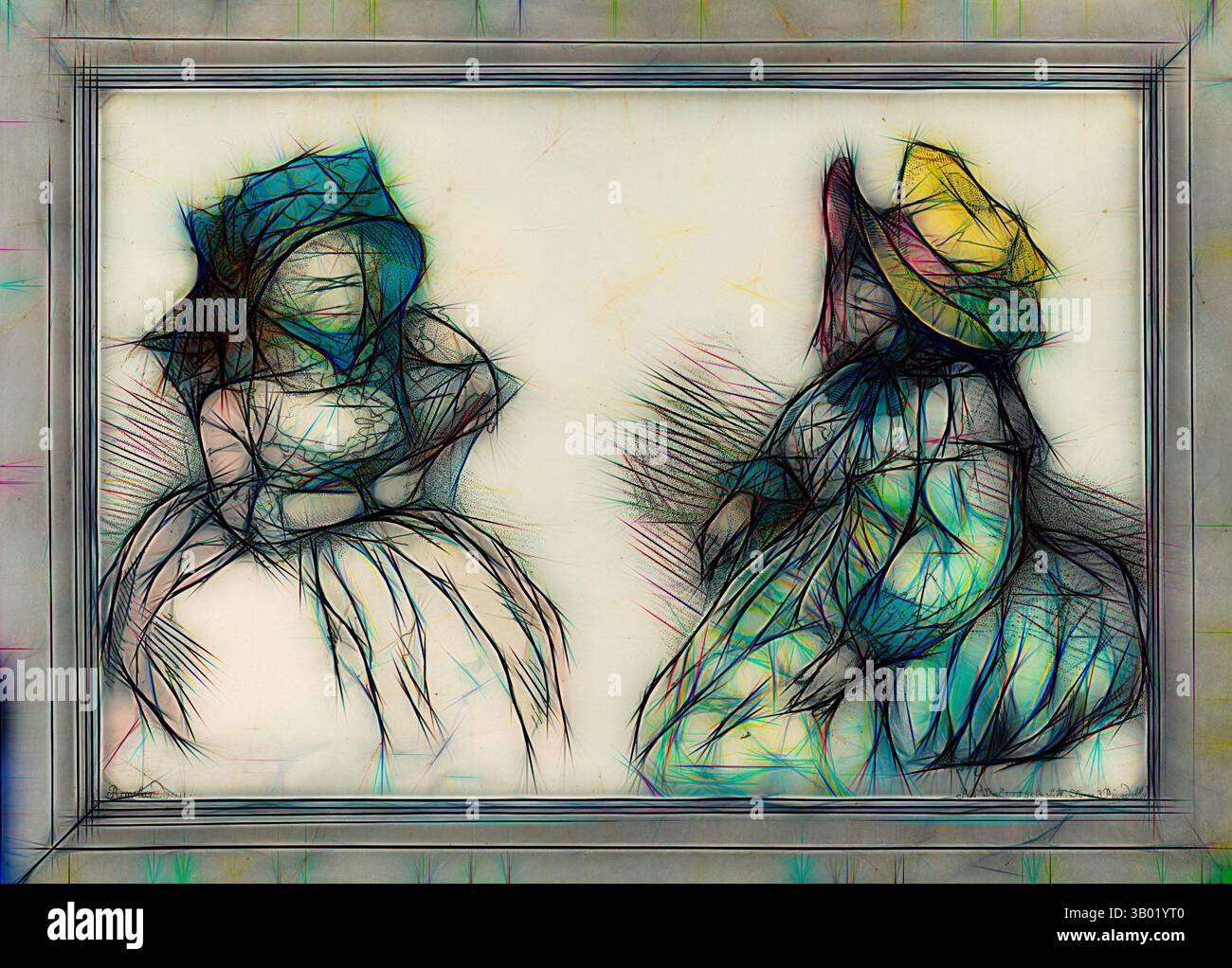 Due figure, adornate da cappelli colorati, si siedono fianco a fianco e le loro forme sono delineate in motivi intricati e vivaci. La composizione cattura un momento di tranquilla interazione, con abiti fluenti e un senso di intimità trasmesso attraverso il delicato intreccio di linee e colori. Arte classica con un tocco moderno reinventata da Artotop Foto Stock