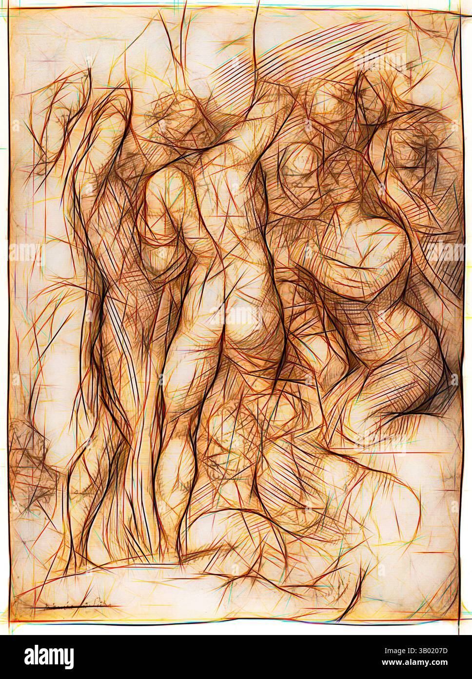 Una composizione dinamica che mette in mostra figure intrecciate, evidenziando la fluidità del movimento e dell'emozione attraverso linee e contorni espressivi che evocano un senso di profondità e connessione. Arte classica con un tocco moderno reinventata da Artotop Foto Stock