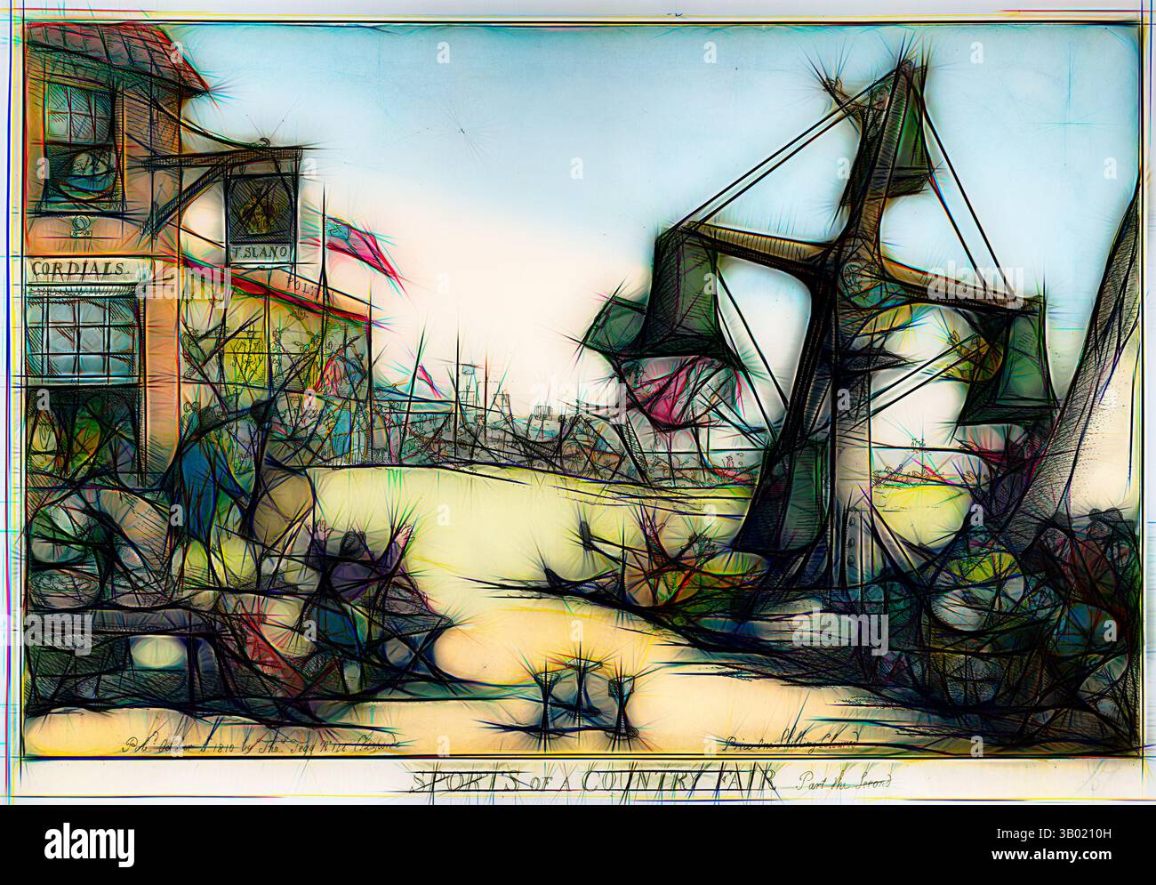 Una scena vivace che raffigura una fiera campestre, caratterizzata da un'atmosfera vivace con uno sfondo carnevalesco, tende colorate e una grande scala con dettagli intricati, circondata da elementi giocosi e stravaganti che evocano un senso di nostalgia e divertimento. Arte classica con un tocco moderno reinventata da Artotop Foto Stock