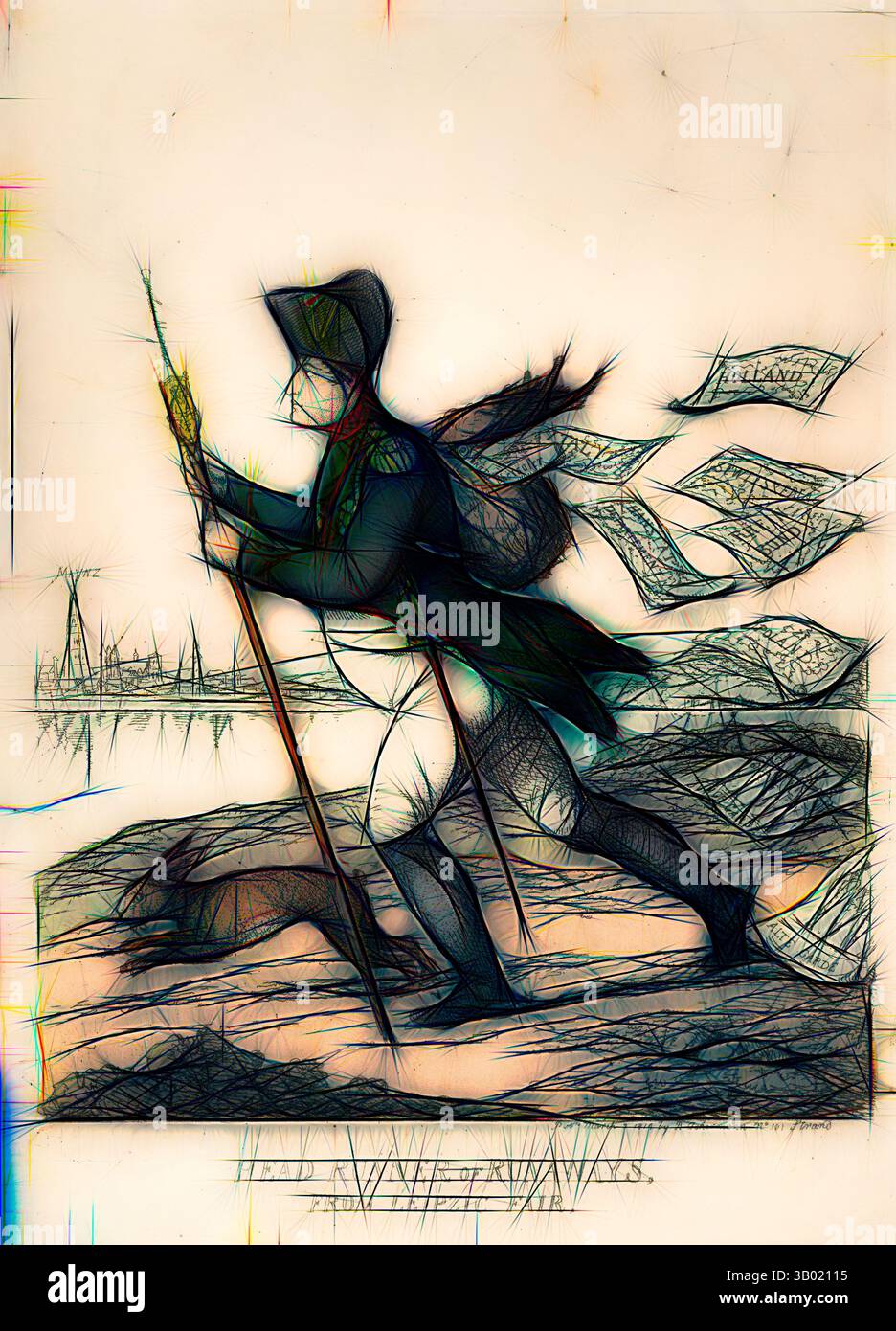 Una figura in uniforme militare si muove in avanti, portando una lancia e una bandiera, con documenti che ruotano intorno a loro. Sullo sfondo, si possono vedere deboli contorni delle navi e una costa panoramica, suggerendo un viaggio o un'esplorazione. Arte classica con un tocco moderno reinventata da Artotop Foto Stock
