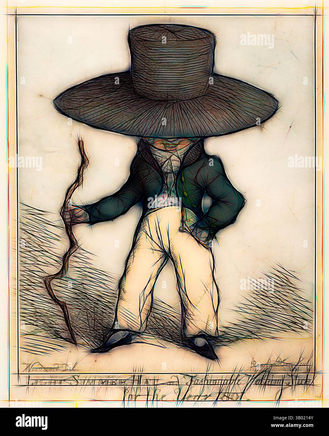 Una figura che indossa un cappello oversize si erge con sicurezza con un bastone, vestito con un abito formale che include giacca e pantaloni. La postura del personaggio trasuda un senso di autorità e fascino, contrastando con la fantasia del cappello. Arte classica con un tocco moderno reinventata da Artotop Foto Stock