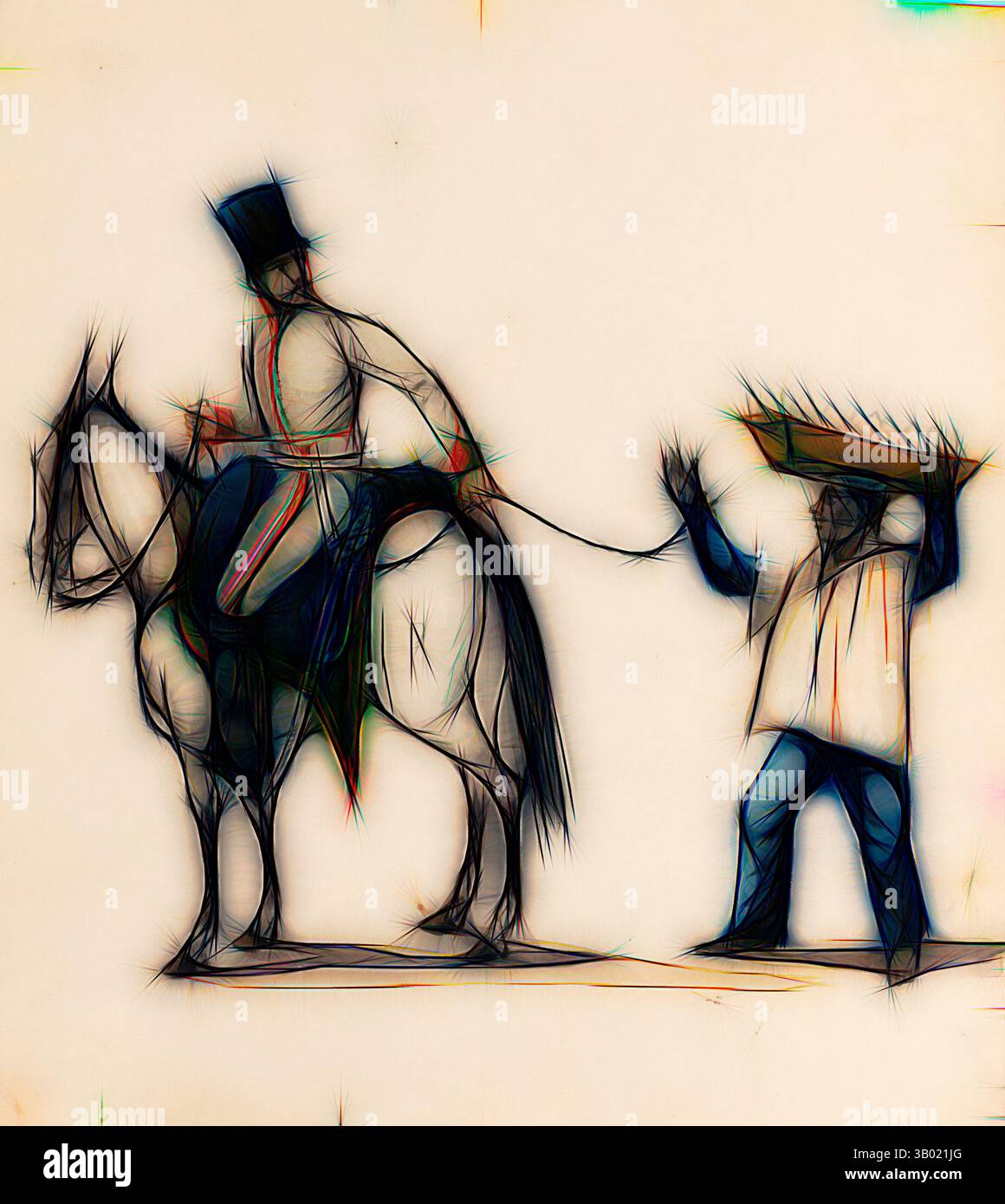 Una figura montata in abbigliamento militare supervisiona un operaio che porta una grande tavola di legno, adagiata su uno sfondo morbido, creando un contrasto dinamico tra autorità e duro lavoro. Arte classica con un tocco moderno reinventata da Artotop Foto Stock