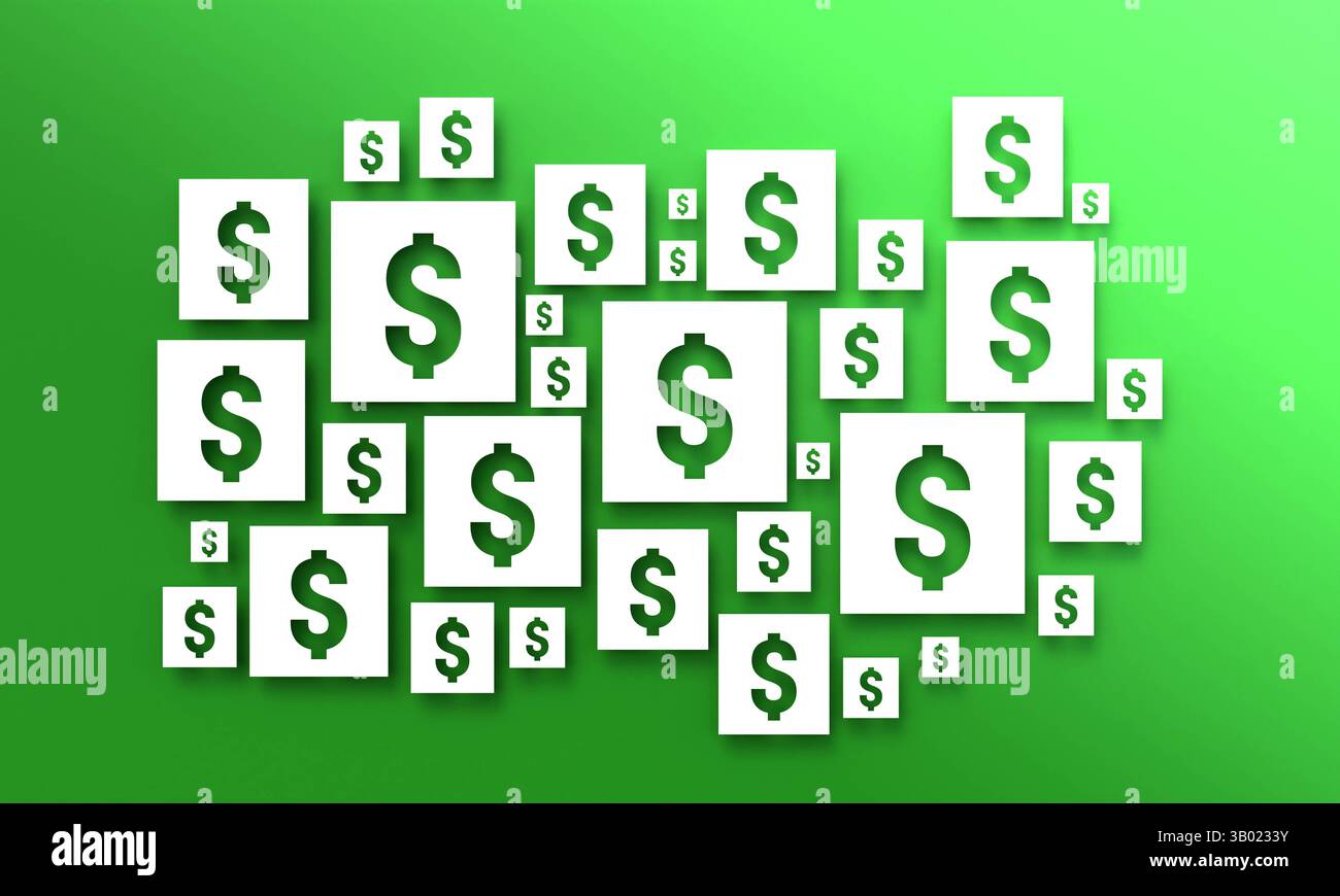 Simbolo del dollaro AMERICANO, valuta statunitense. Simbolo del dollaro AMERICANO, valuta statunitense. Lettere fustellate su sfondo verde. Cambio valuta, simbolo valuta, simbolo del dollaro USA, mercati finanziari. Symbol041_Signs_USD_currency Foto Stock