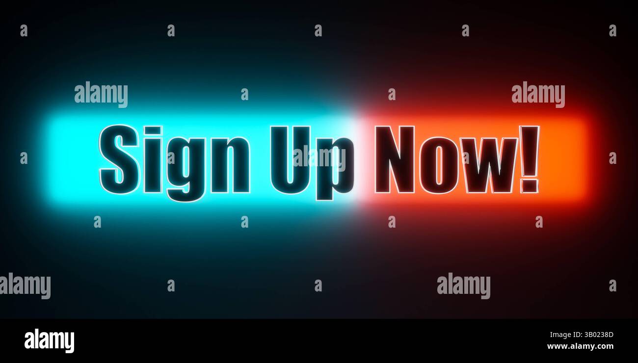 Iscriviti ora registrati banner a colori con il testo illuminato, iscriviti ora. Registrazione, candidatura, iscrizione, follower sui social media, consigli. Text banner T055 Sign UP Now Foto Stock