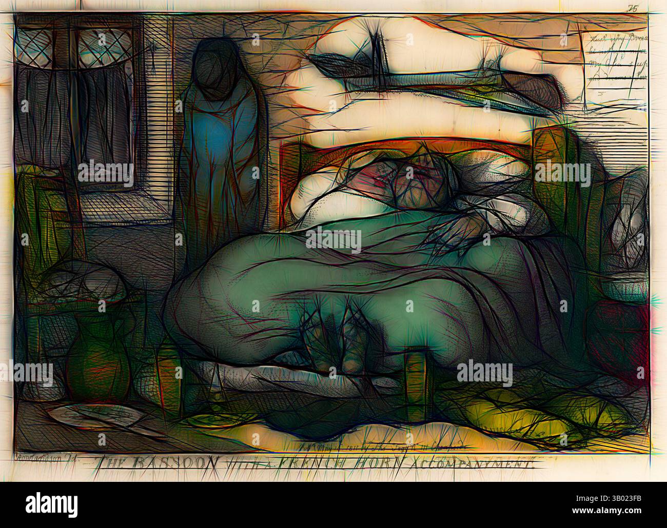 Una figura giace in un letto disgraziato, circondato da una serie di oggetti di uso quotidiano e forme ombrose, evocando un senso di irrequietezza e introspezione. La scena fonde linee caotiche e contorni morbidi, invitando a esplorare più a fondo il paesaggio emotivo all'interno. Arte classica con un tocco moderno reinventata da Artotop Foto Stock