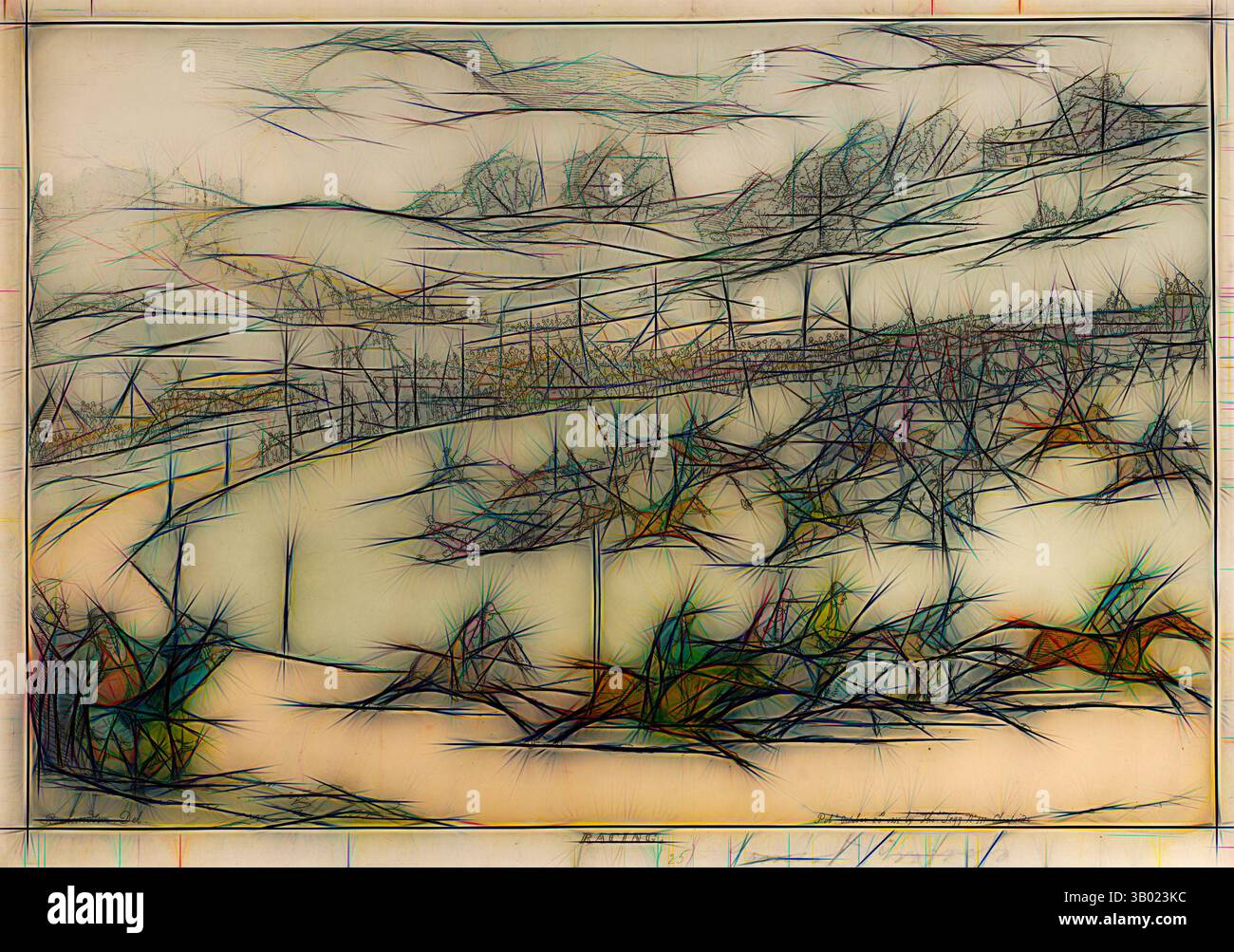 Un paesaggio caratterizzato da colline ondulate, un sentiero tortuoso e alberi lontani, il tutto presentato in uno stile intricato e astratto che enfatizza linee e colori vivaci. Arte classica con un tocco moderno reinventata da Artotop Foto Stock