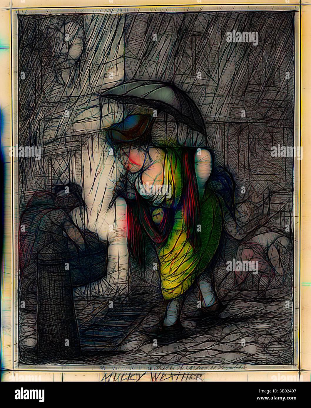 Una donna si trova sotto un ombrello, affrontando forti piogge. Indossa un abito giallo brillante e appare profondamente nel pensiero, circondata da un vivace e ombroso paesaggio urbano. L'atmosfera trasmette un senso di malinconia, con linee vorticose che raffigurano l'ambiente tempestoso. Arte classica con un tocco moderno reinventata da Artotop Foto Stock