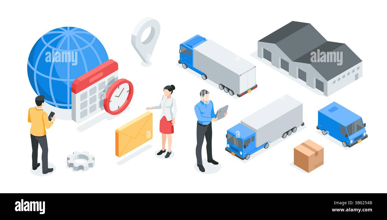 concetto vettoriale isometrico con persone, scatole e addetti al magazzino, a colori su sfondo bianco, consegna postale di merci o logistica Illustrazione Vettoriale