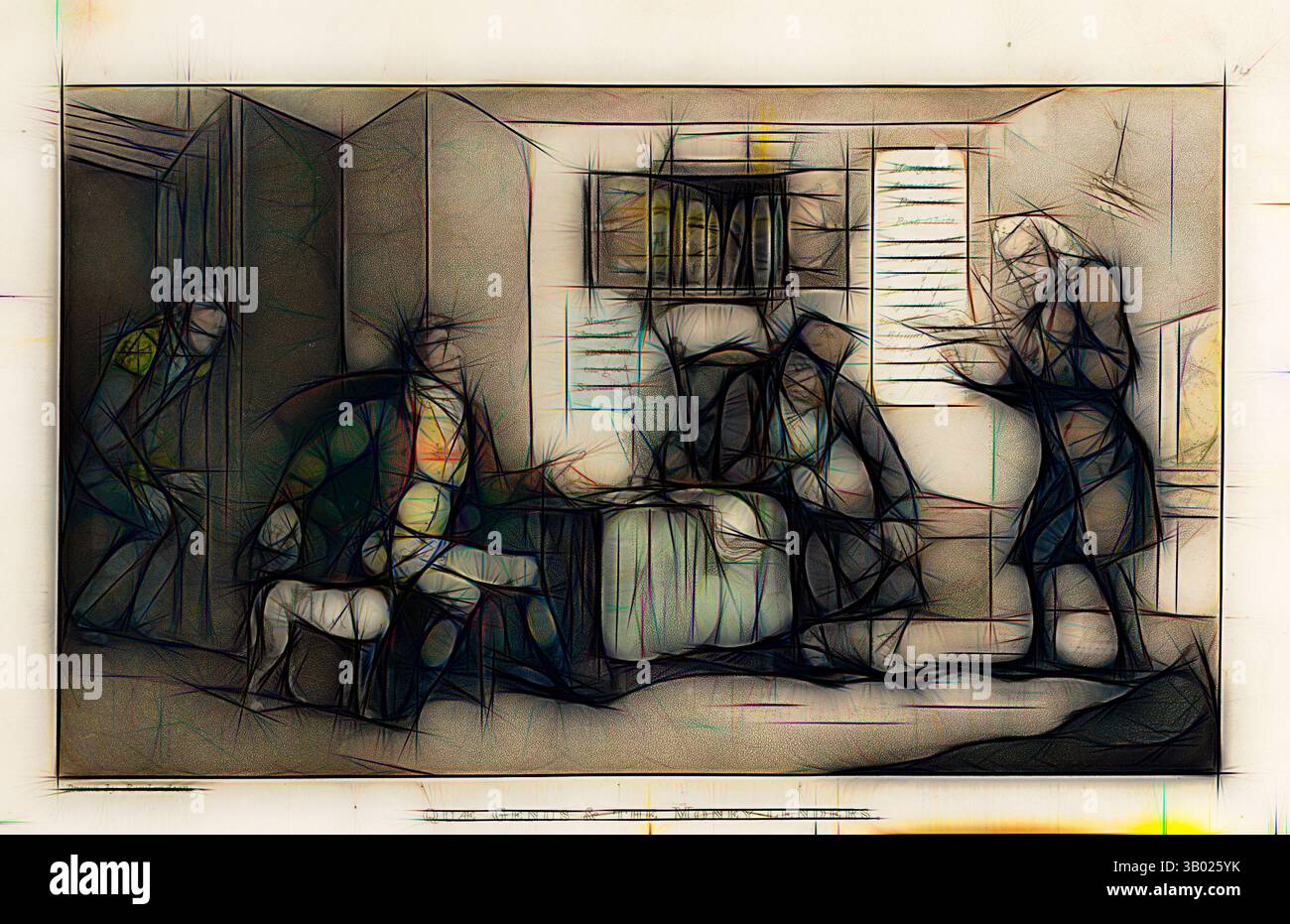 Una scena si svolge in una stanza poco illuminata, dove le figure sono impegnate in varie attività, trasmettendo un senso di urgenza ed emozione. Una persona sembra seduta sul bordo di un letto, mentre altre si trovano nelle vicinanze, coinvolte in conversazioni o osservazioni. L'ambientazione suggerisce un momento di tensione o di interazione significativa tra i personaggi., arte classica con un tocco moderno reinventata da Artotop Foto Stock