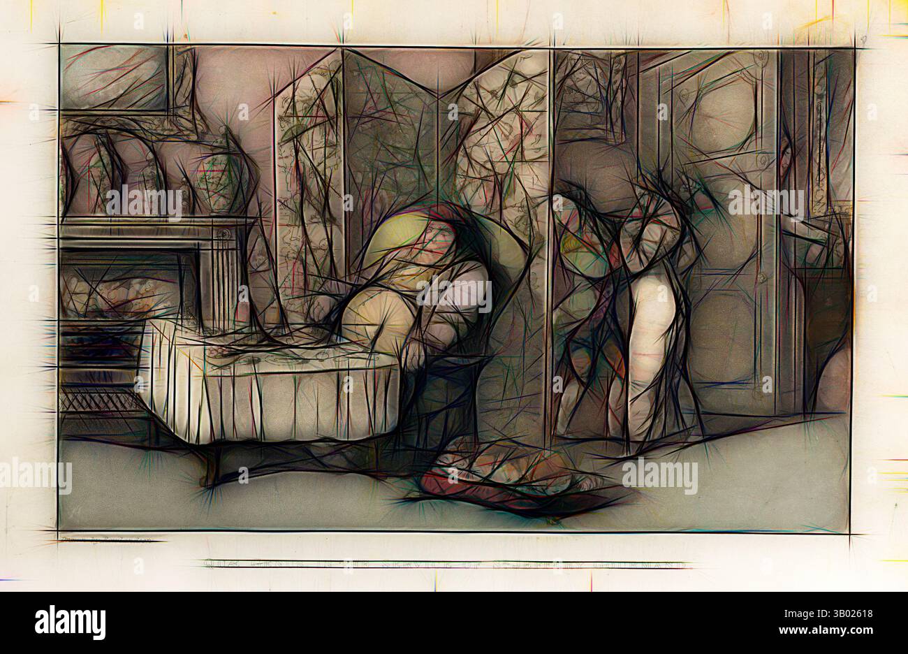 Interni stilizzati con una poltrona delicatamente ricurva accanto a un intricato schermo pieghevole, con un comodo letto in primo piano e sfumature di fogliame sullo sfondo, per creare un'atmosfera di calore e tranquillità. Arte classica con un tocco moderno reinventata da Artotop Foto Stock