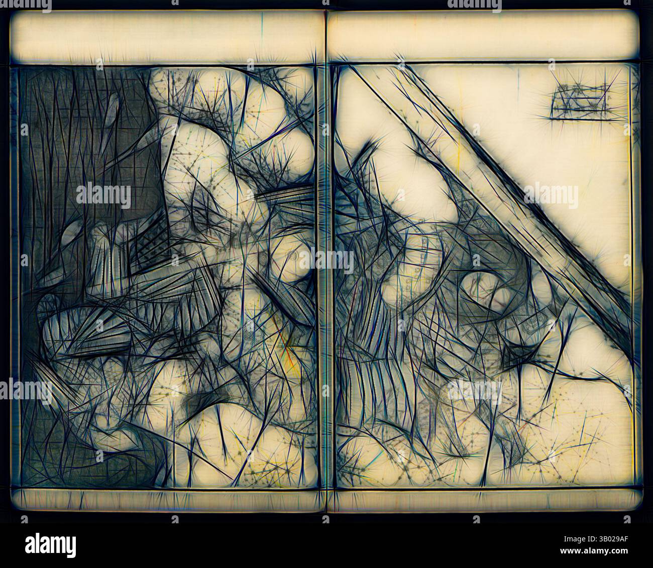 Una composizione astratta caratterizzata da linee e forme intricate che assomigliano a una fusione di elementi naturali e motivi testurizzati, creando un senso di profondità e complessità. Arte classica con un tocco moderno reinventata da Artotop Foto Stock