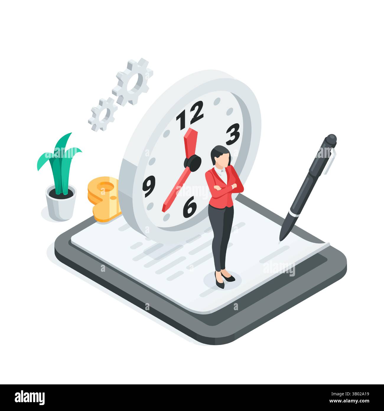 donna d'affari vettoriale isometrica vicina a orologio e tablet con documento, a colori su sfondo bianco, firma di un contratto temporaneo o di un accordo Illustrazione Vettoriale