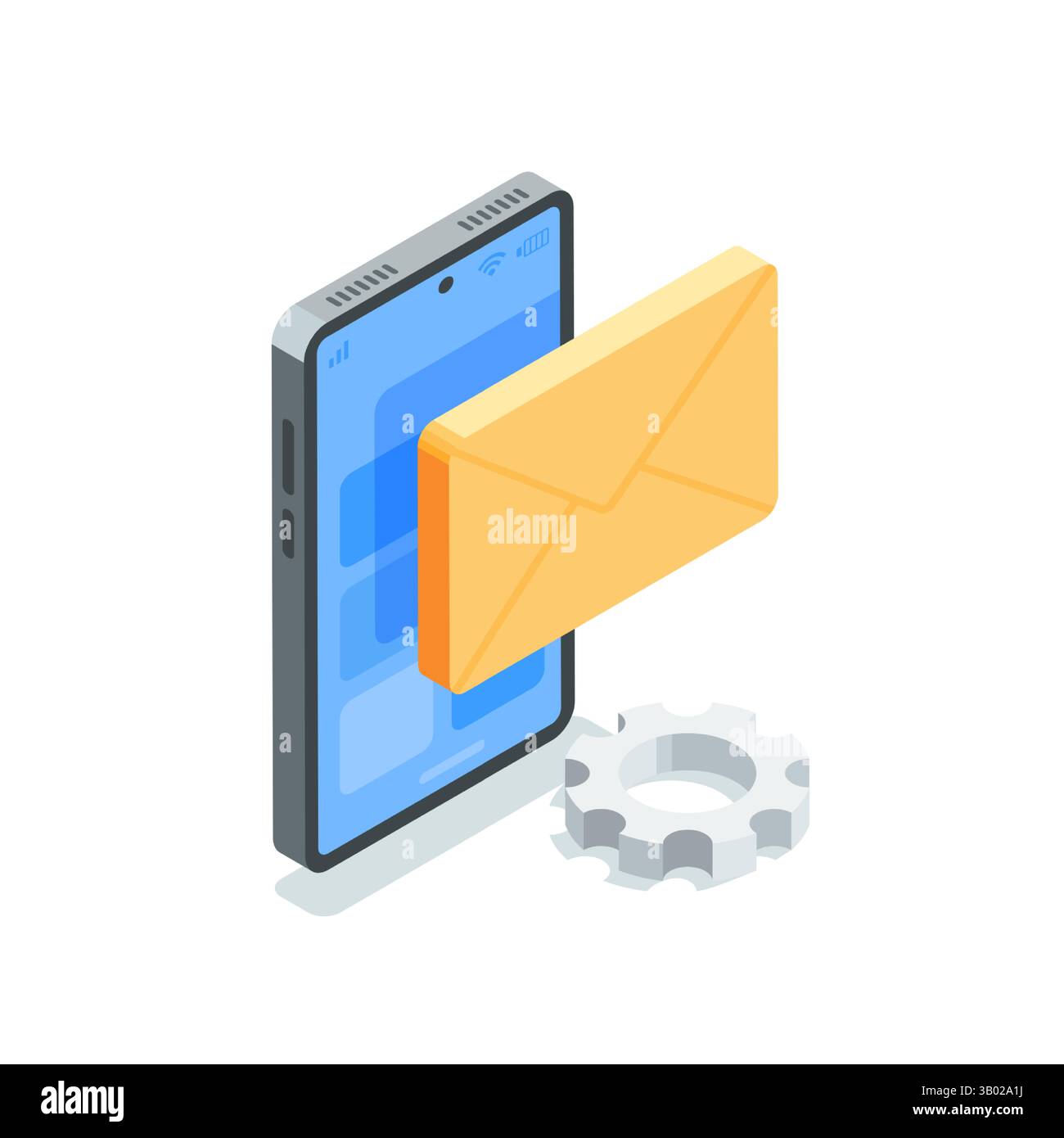 icona vettoriale isometrica smartphone e busta, a colori su sfondo bianco, nuovo messaggio in arrivo o e-mail Illustrazione Vettoriale