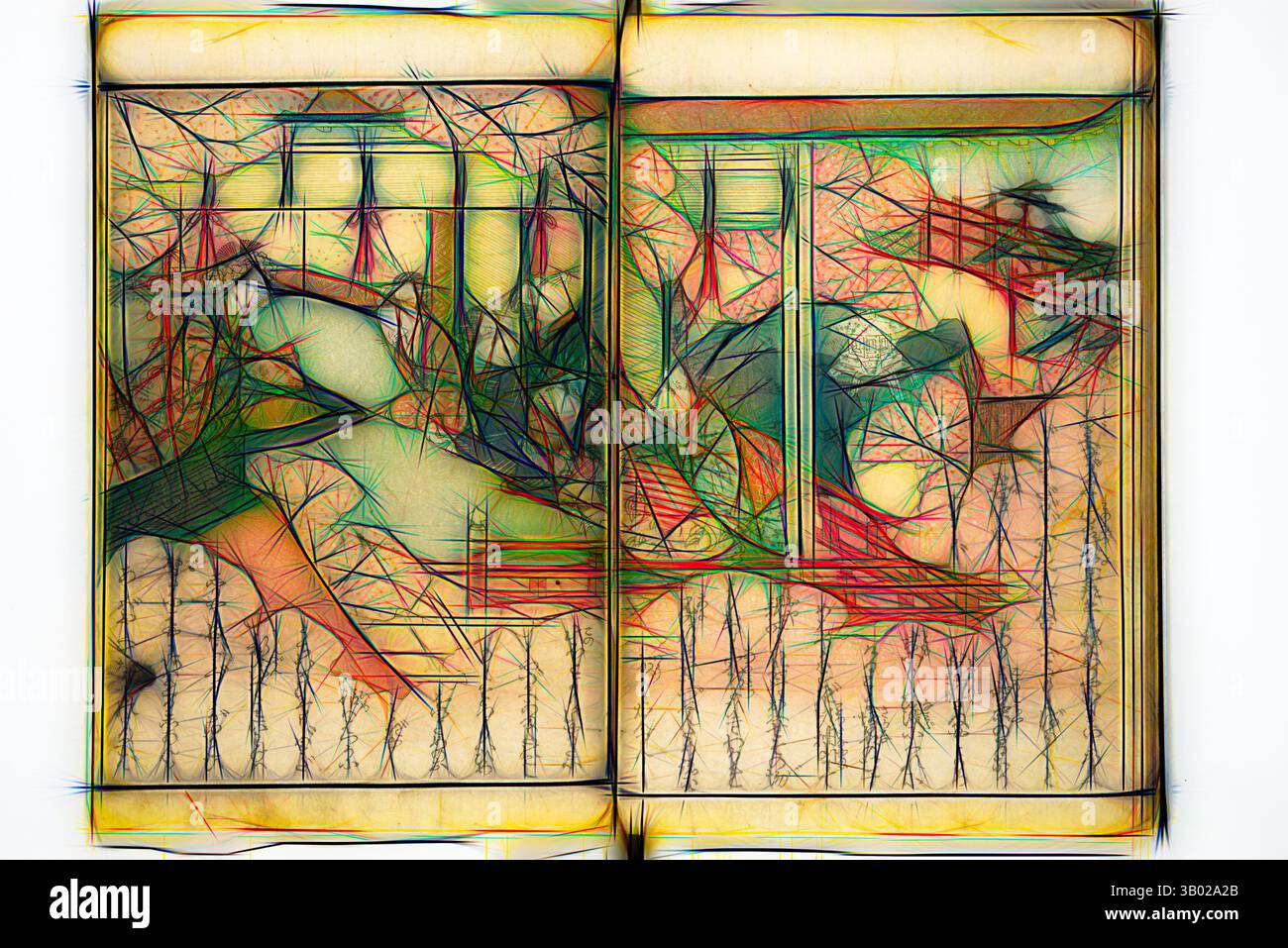 Una composizione astratta caratterizzata da linee e forme intricate, raffigurante un paesaggio stravagante intrecciato con alberi e strutture stilizzate, creando un vivace arazzo di colori e forme. Arte classica con un tocco moderno reinventata da Artotop Foto Stock