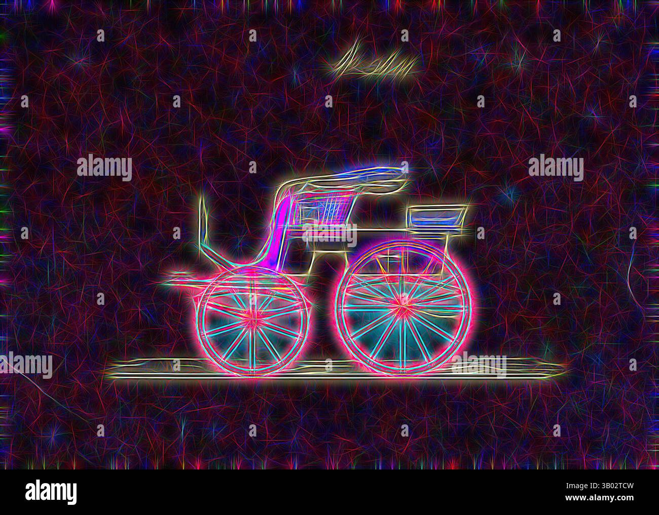 Una rappresentazione stilizzata di una carrozza d'epoca, caratterizzata da intricati lavori di linea e colori vivaci e brillanti che creano un senso di movimento e nostalgia. Arte classica con un tocco moderno reinventata da Artotop Foto Stock