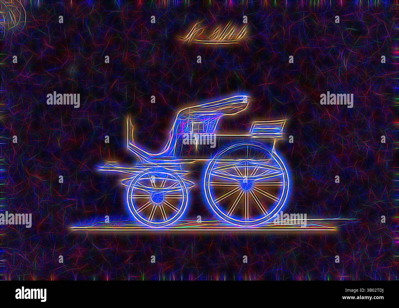 Una carrozza d'epoca con ruote eleganti è delineata in vivaci colori neon, creando una rappresentazione accattivante e artistica del trasporto classico. Lo sfondo aggiunge un tocco cosmico, esaltando il fascino retrò. Arte classica con un tocco moderno reinventata da Artotop Foto Stock