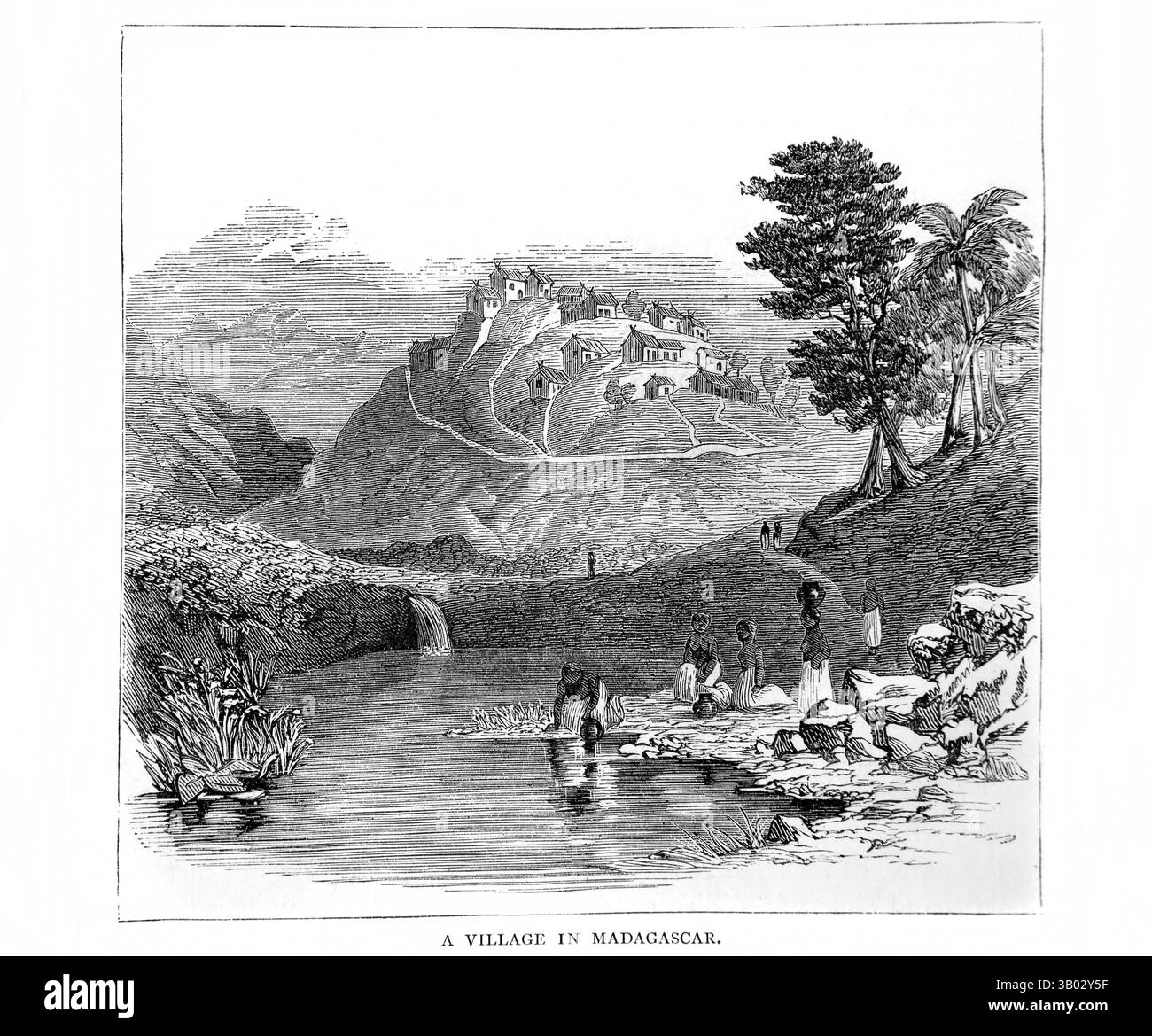 Illustrazione di un villaggio in Madagascar nell'antichità del XIX secolo l'edizione del 1866 del Libro dei Martiri di Foxe (il Libro dei Martiri di John Foxe revis Foto Stock Illustrazione di un villaggio in Madagascar nell'antichità del XIX secolo l'edizione del 1866 del Libro dei Martiri di Foxe (il Libro dei Martiri di John Foxe revis Foto Stock