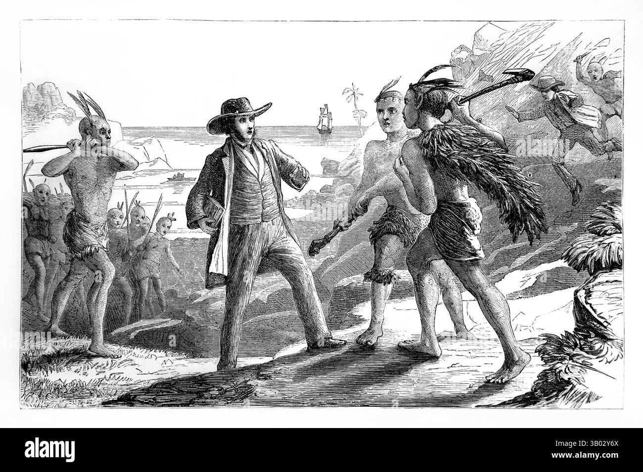 Illustrazione di John Williams un missionario che il 20 novembre 1839, mentre visitava Erromanga a Vanuatu, giunse una croce di nativi che lo inseguivano, batté Foto Stock