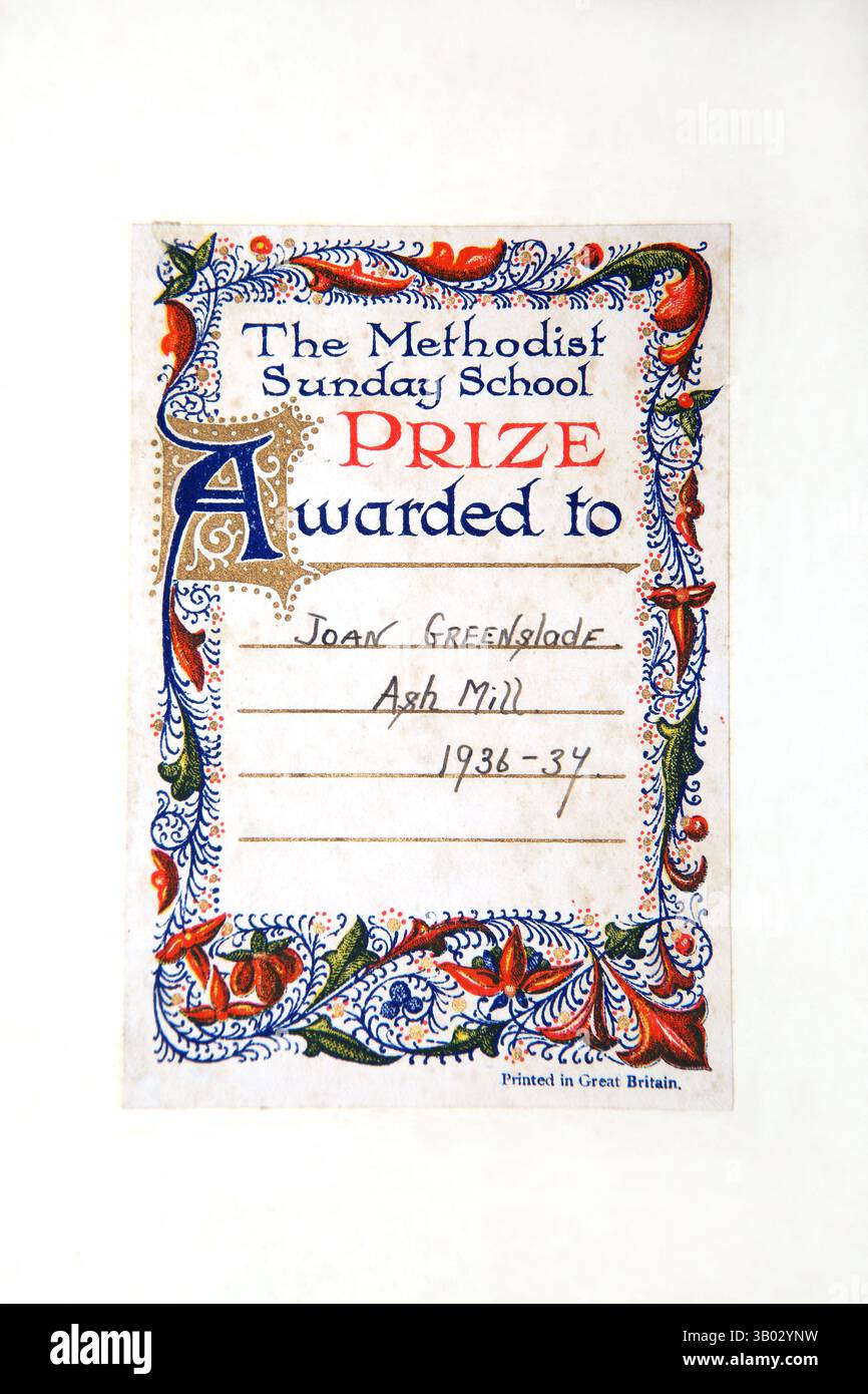 Il Metodista Sunday School Prize Sticker sul libro per bambini religioso antico Foto Stock