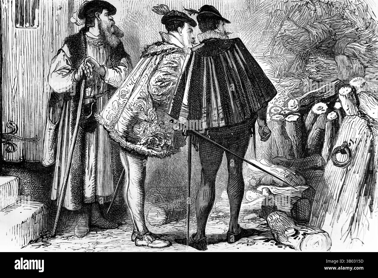 Illustrazione di Lord Chamberlain Thomas Howard e William Parker Lord Monteagle che trovarono il legno e i carboni che coprono 36 barili di polvere da sparo nel C Foto Stock