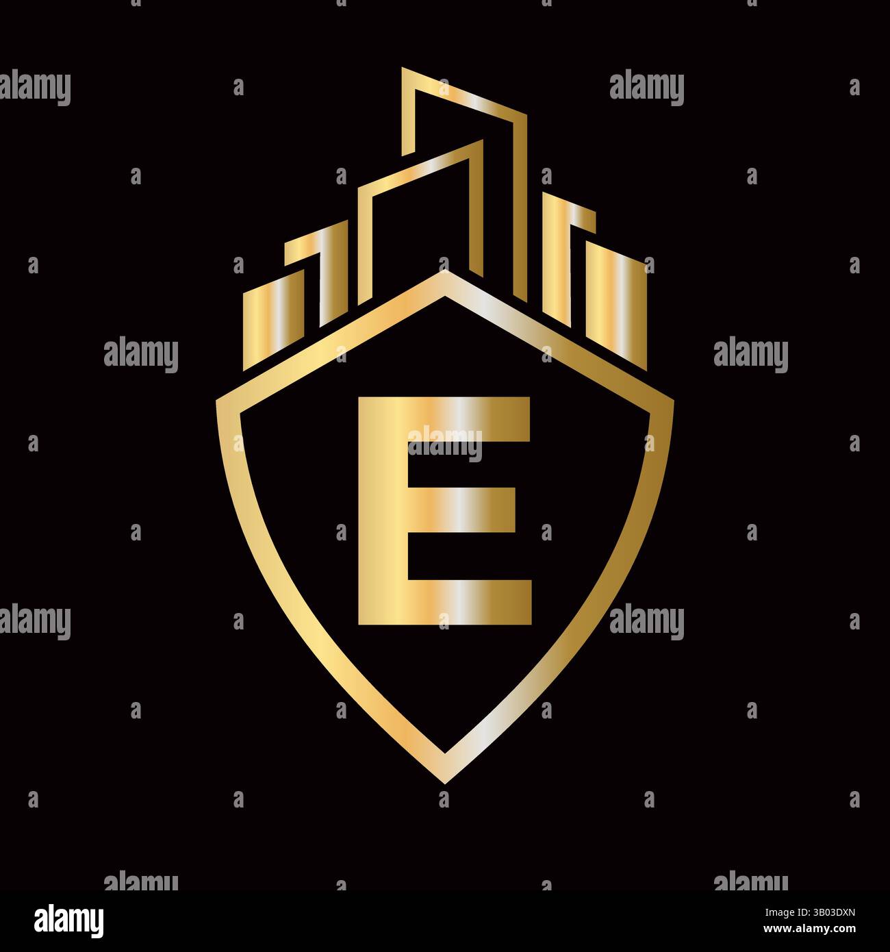 Logo Real Estate sulla lettera e Concept con simbolo Building and Shield. Simbolo edificio Illustrazione Vettoriale