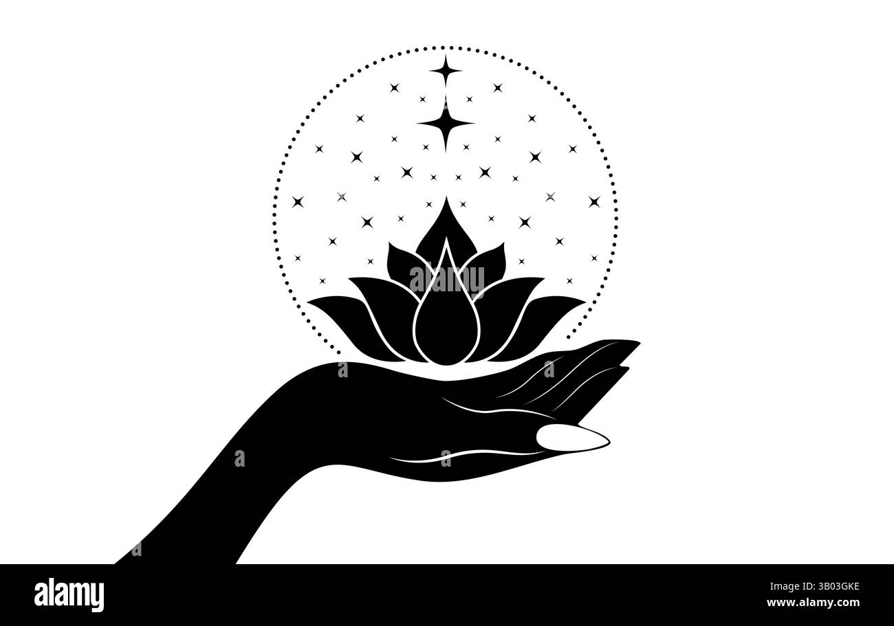 Mano mistica che abbraccia un fiore di loto sacro con logo a forma di cerchio. Magia floreale clipart celeste di yoga, spa, salone di bellezza, cosmetici, Illustrazione Vettoriale