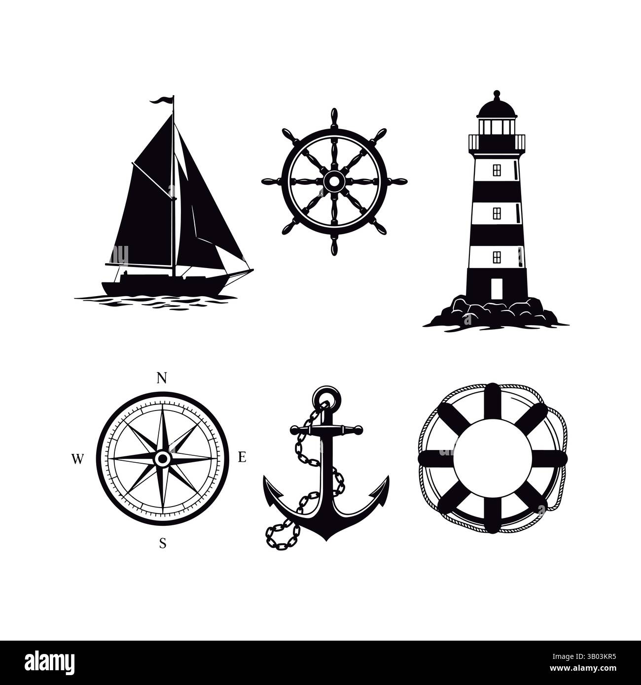 Elementi nautici in bianco e nero della Marine Symbol Collection. Barca a vela, ruota navale, faro, bussola, ancoraggio, salvavita. Illustrazione Vettoriale
