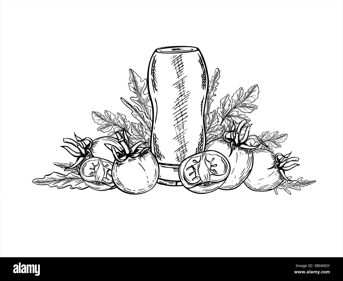 Bottiglia di ketchup in plastica, pomodori freschi, rosmarino, coriandolo e foglie di prezzemolo allineano l'illustrazione in bianco e nero. Pomodoro ed erbe Illustrazione Vettoriale