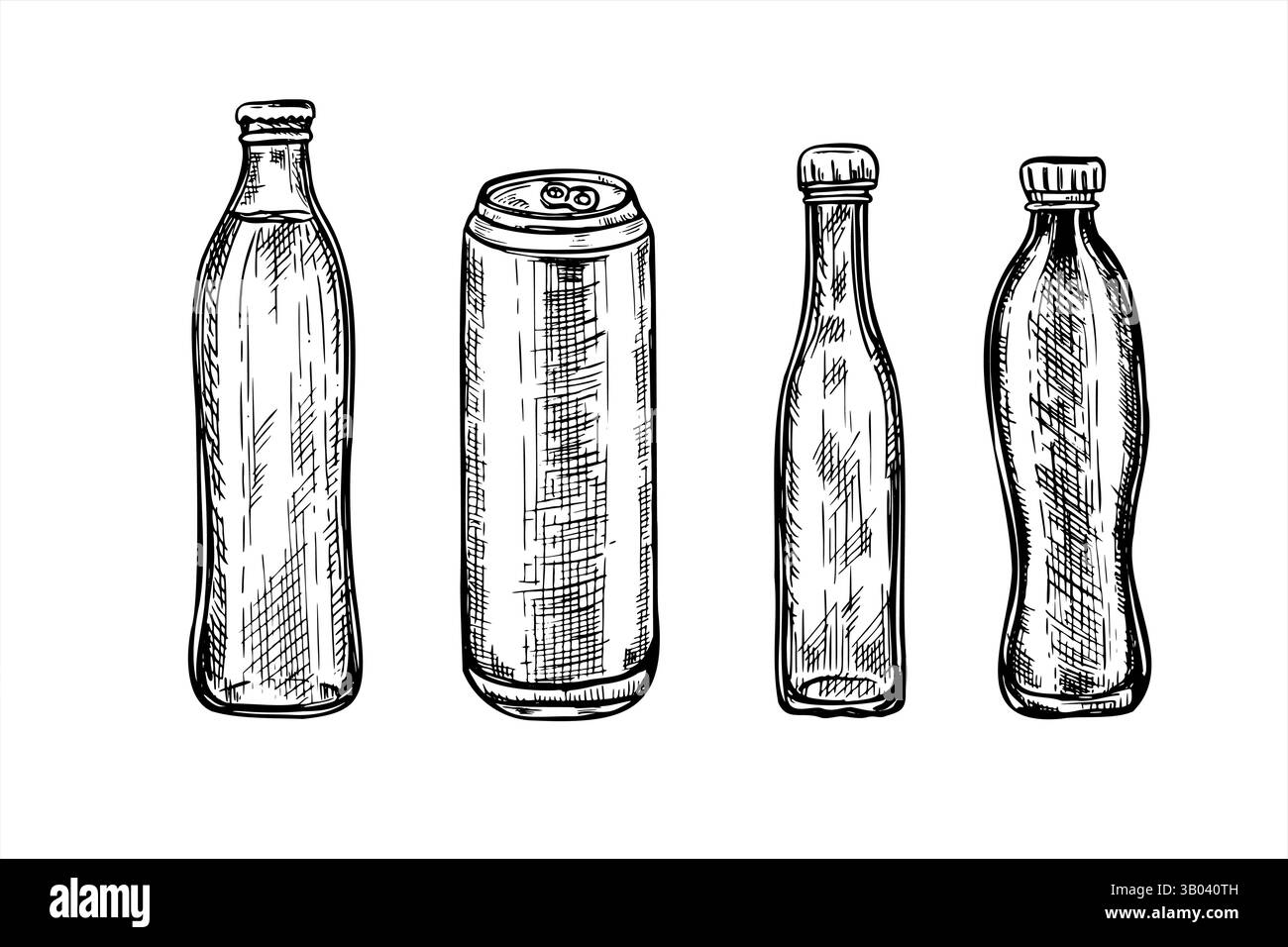 I flaconi in vetro monocromatico vettoriale e le bevande in alluminio possono impostare l'illustrazione dell'inchiostro lineare in bianco e nero. Disegno per acquaforte di bottiglie per acqua e succo Illustrazione Vettoriale