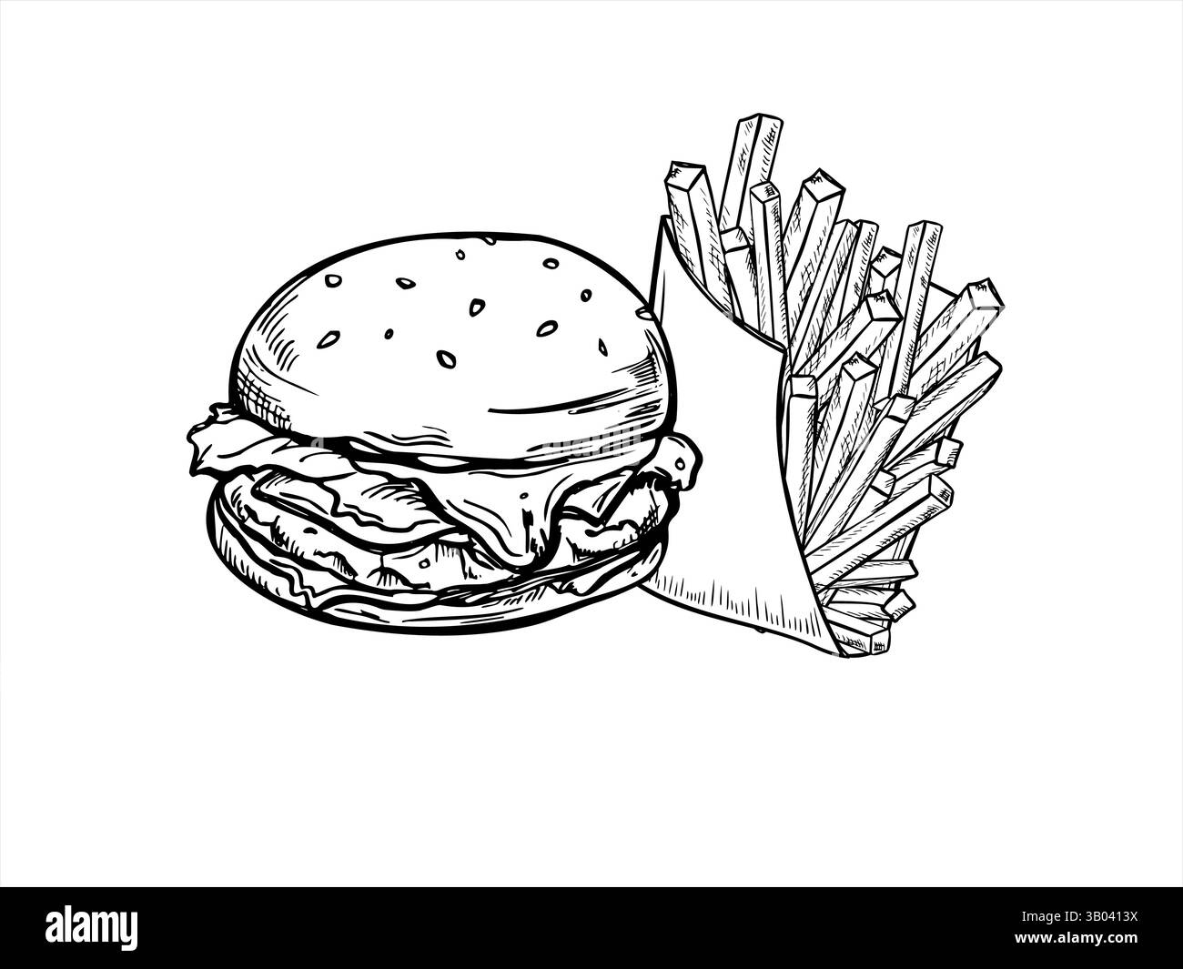 Hamburger monocromatico e patatine fritte in confezione di carta, illustrazione vettoriale dell'inchiostro nero. Disegno inciso di polpette di manzo con lattuga, pomodoro, cipolla al sesamo Illustrazione Vettoriale